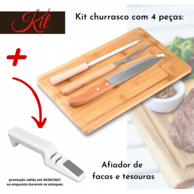 Kit Churrasco Com 4 Peças E Afiador De Facas Kit Churrasco Com 4 Peças E Afiador De Facas