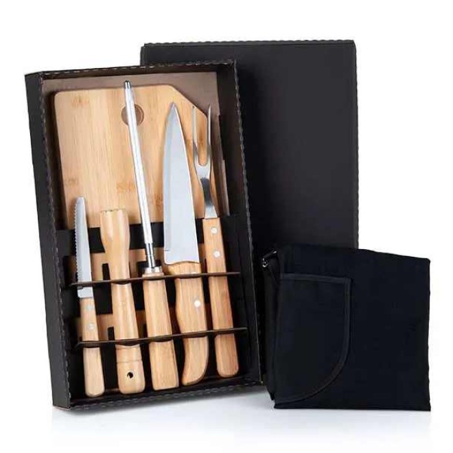 Kit para Churrasco em Bambu/Inox com Avental com Logo Kit para Churrasco em Bambu/Inox com Avental com Logo