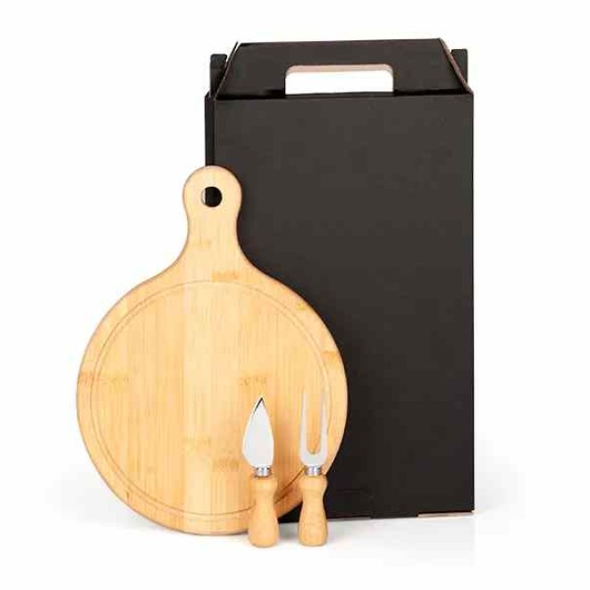 Kit Tábua Com Garfo E Faca Para Queijo Bambu / Inox com Logo Kit Tábua Com Garfo E Faca Para Queijo Bambu / Inox com Logo